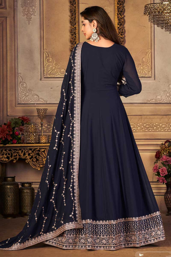 Navy Blue Color Georgette Fabric Elegant Embroidered Anarkali Suit