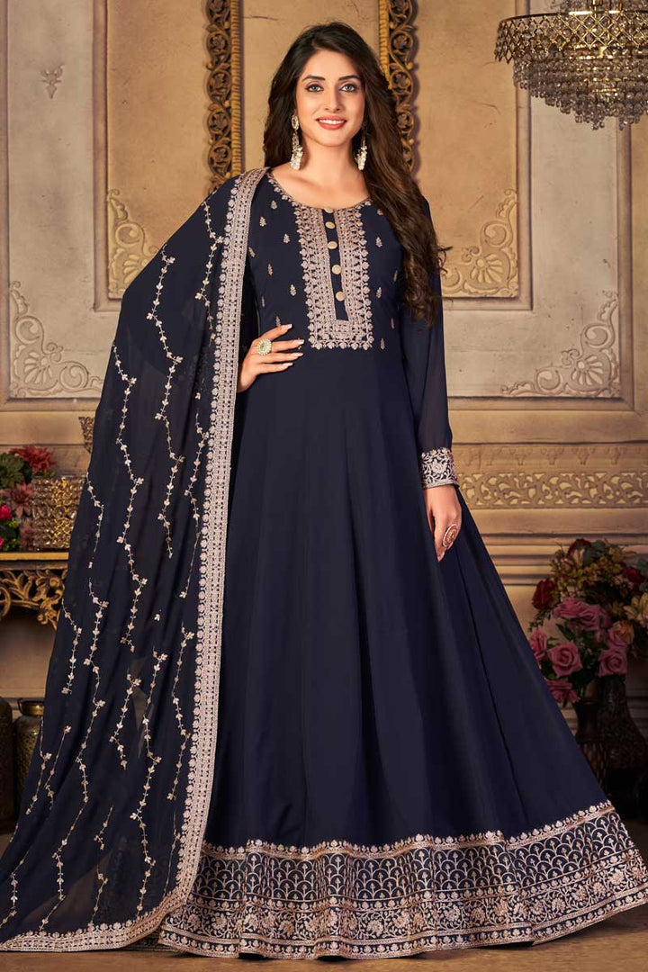 Navy Blue Color Georgette Fabric Elegant Embroidered Anarkali Suit
