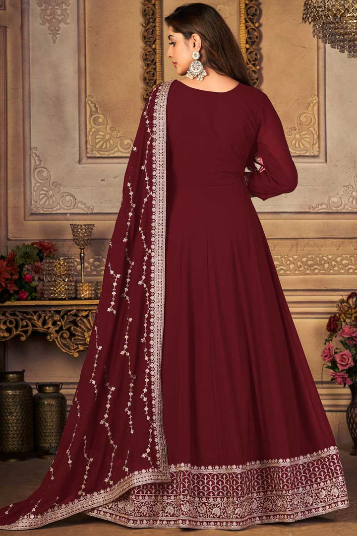 Maroon Color Embellished Embroidered Anarkali Suit In Georgette Fabric