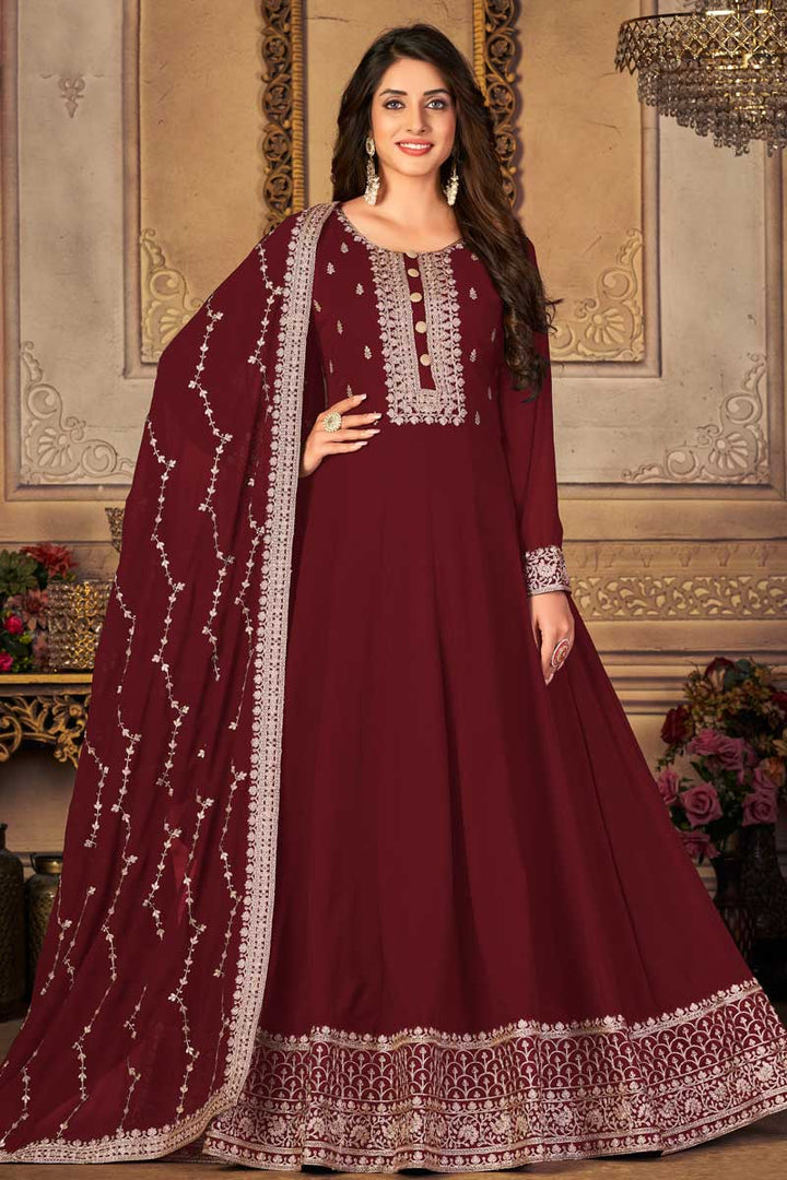 Maroon Color Embellished Embroidered Anarkali Suit In Georgette Fabric