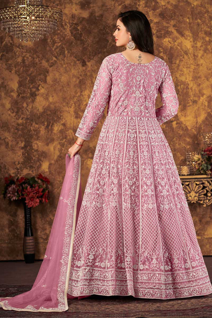 Engaging Pink Color Net Fabric Function Wear Anarkali Suit
