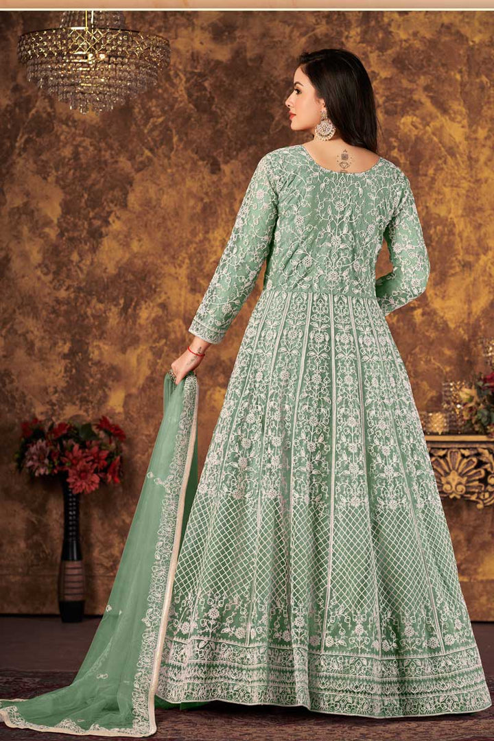 Classic Sea Green Color Function Wear Anarkali Suit In Net Fabric