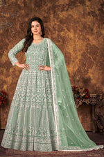 Load image into Gallery viewer, Classic Sea Green Color Function Wear Anarkali Suit In Net Fabric
