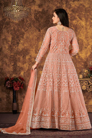 Creative Function Wear Net Fabric Anarkali Suit In Peach Color