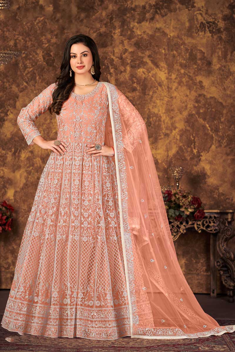 Creative Function Wear Net Fabric Anarkali Suit In Peach Color