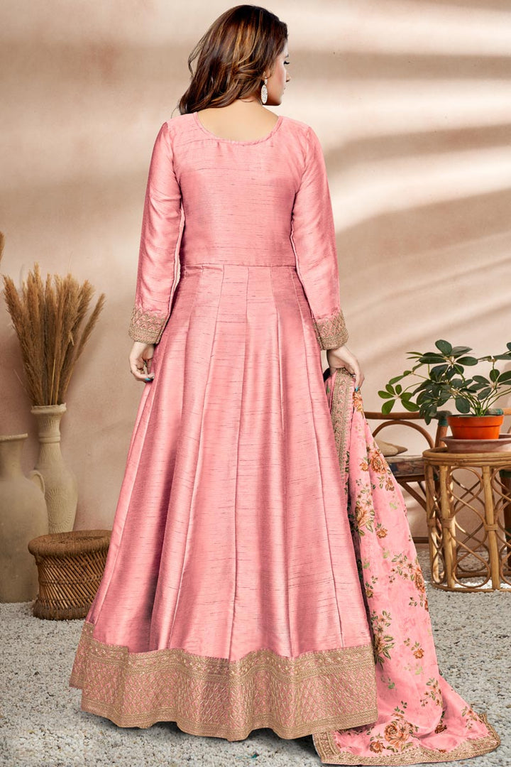 Glamorous Art Silk Fabric Pink Color Sangeet Wear Anarkali Suit
