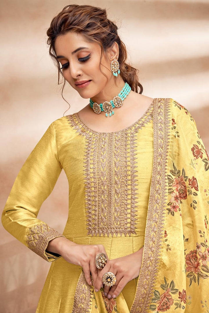 Yellow Color Art Silk Fabric Tempting Sangeet Wear Anarkali Suit