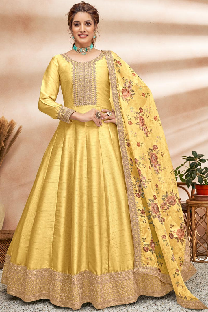 Yellow Color Art Silk Fabric Tempting Sangeet Wear Anarkali Suit