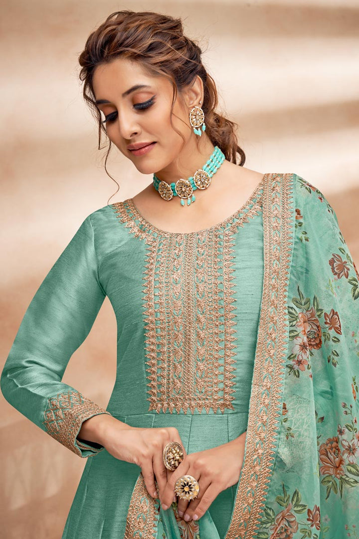 Charming Sea Green Color Art Silk Fabric Sangeet Wear Anarkali Suit