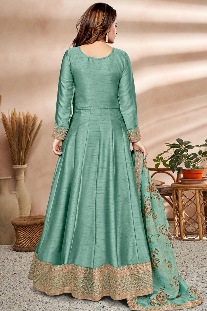 Charming Sea Green Color Art Silk Fabric Sangeet Wear Anarkali Suit