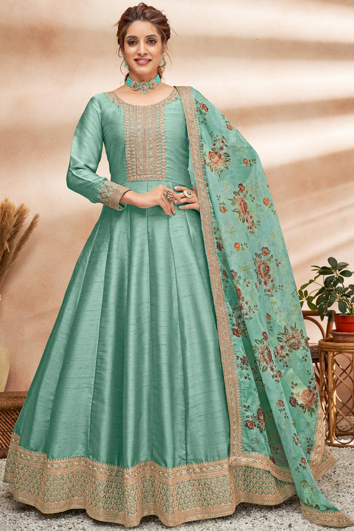 Charming Sea Green Color Art Silk Fabric Sangeet Wear Anarkali Suit