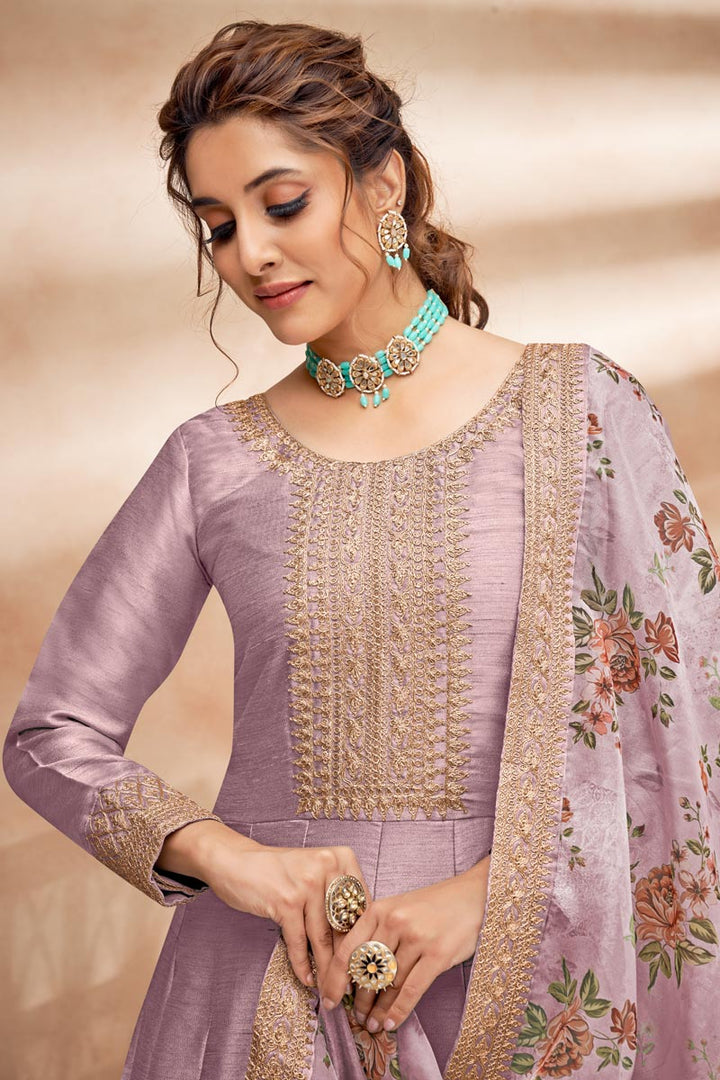Fascinating Lavender Color Art Silk Fabric Sangeet Wear Anarkali Suit