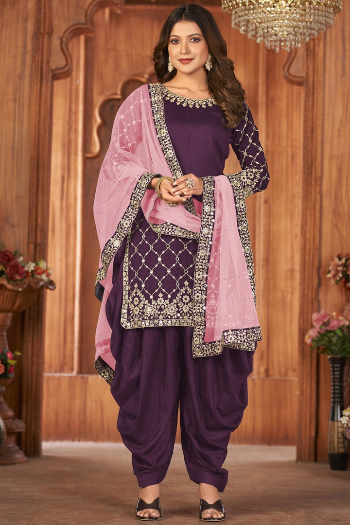 Art Silk Fabric Purple Color Festive Look Alluring Patiala Suits