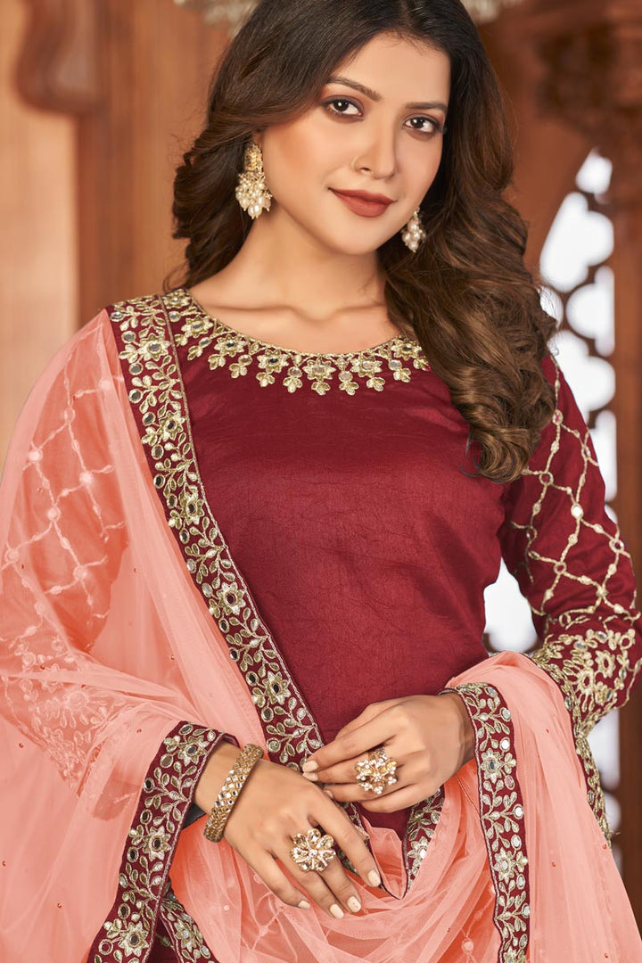 Maroon Color Elegant Art Silk Fabric Festive Look Patiala Suits