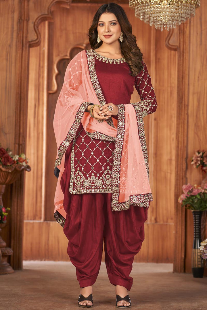 Maroon Color Elegant Art Silk Fabric Festive Look Patiala Suits