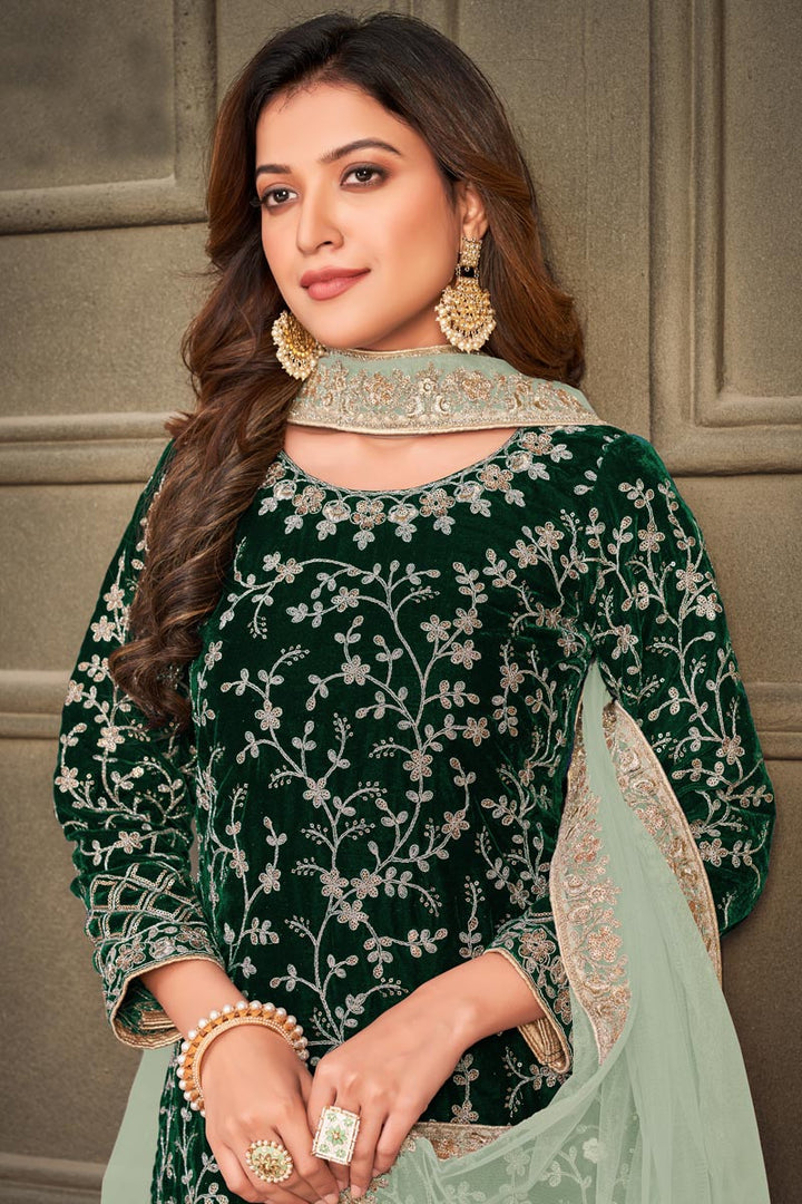 Dark Green Color Luminous Velvet Fabric Function Wear Palazzo Suit