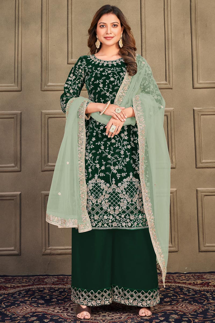 Dark Green Color Luminous Velvet Fabric Function Wear Palazzo Suit