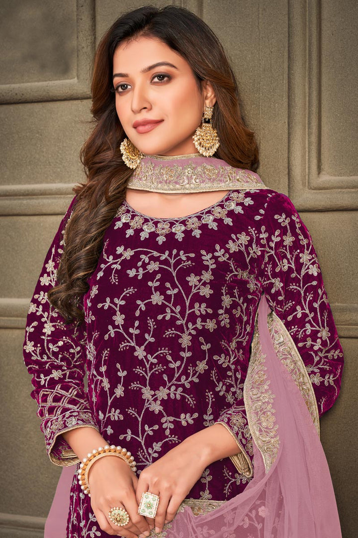 Mesmeric Velvet Fabric Function Wear Palazzo Suit In Purple Color