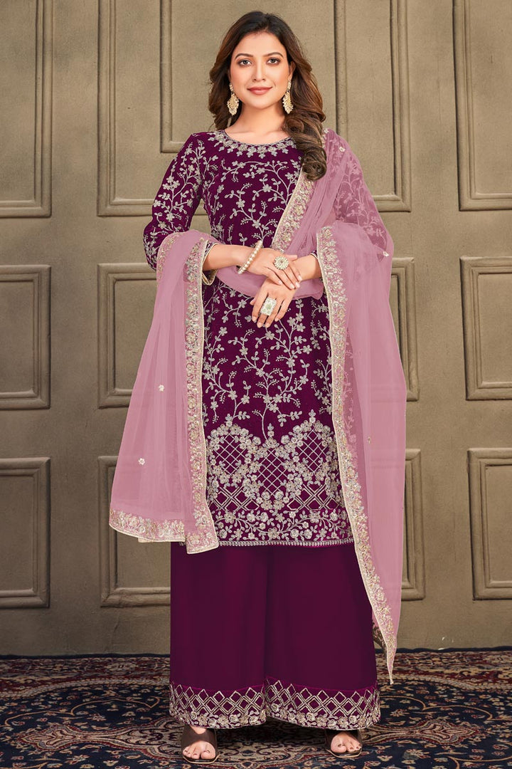 Mesmeric Velvet Fabric Function Wear Palazzo Suit In Purple Color