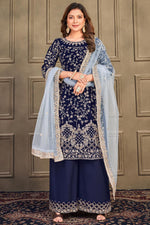 Load image into Gallery viewer, Velvet Fabric Function Wear Wondrous Palazzo Suit In Navy Blue Color
