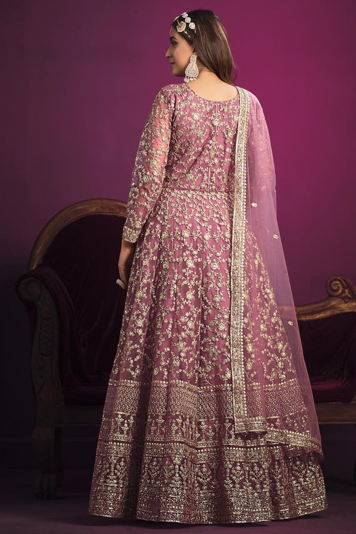 Net Fabric Pink Color Embroidered Winsome Anarkali Suit