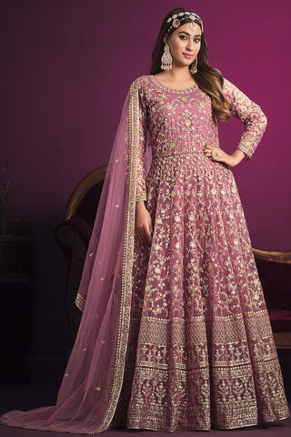 Net Fabric Pink Color Embroidered Winsome Anarkali Suit