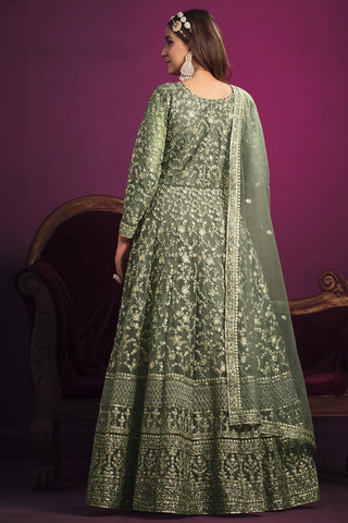 Creative Embroidered Net Fabric Anarkali Suit In Green Color