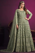 Load image into Gallery viewer, Creative Embroidered Net Fabric Anarkali Suit In Green Color
