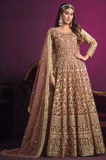 Load image into Gallery viewer, Tempting Net Fabric Peach Color Embroidered Anarkali Suit
