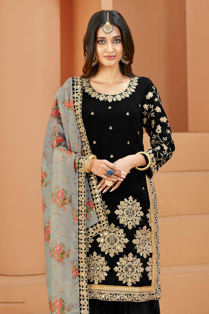Black Art Silk Embroidered Mirror Work Patiala Suit Function Wear