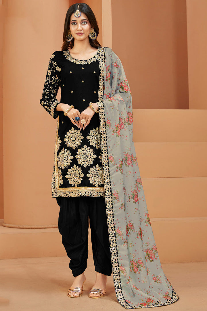Black Art Silk Embroidered Mirror Work Patiala Suit Function Wear