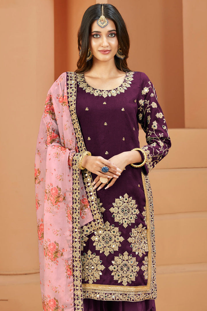 Purple Art Silk Embroidered Mirror Work Patiala Suit Function Wear