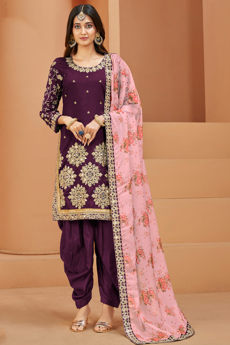 Purple Art Silk Embroidered Mirror Work Patiala Suit Function Wear