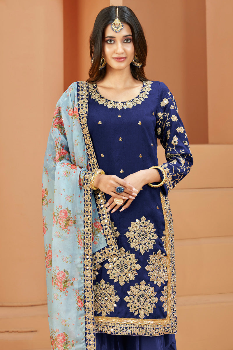 Blue Art Silk Embroidered Mirror Work Patiala Suit Function Wear