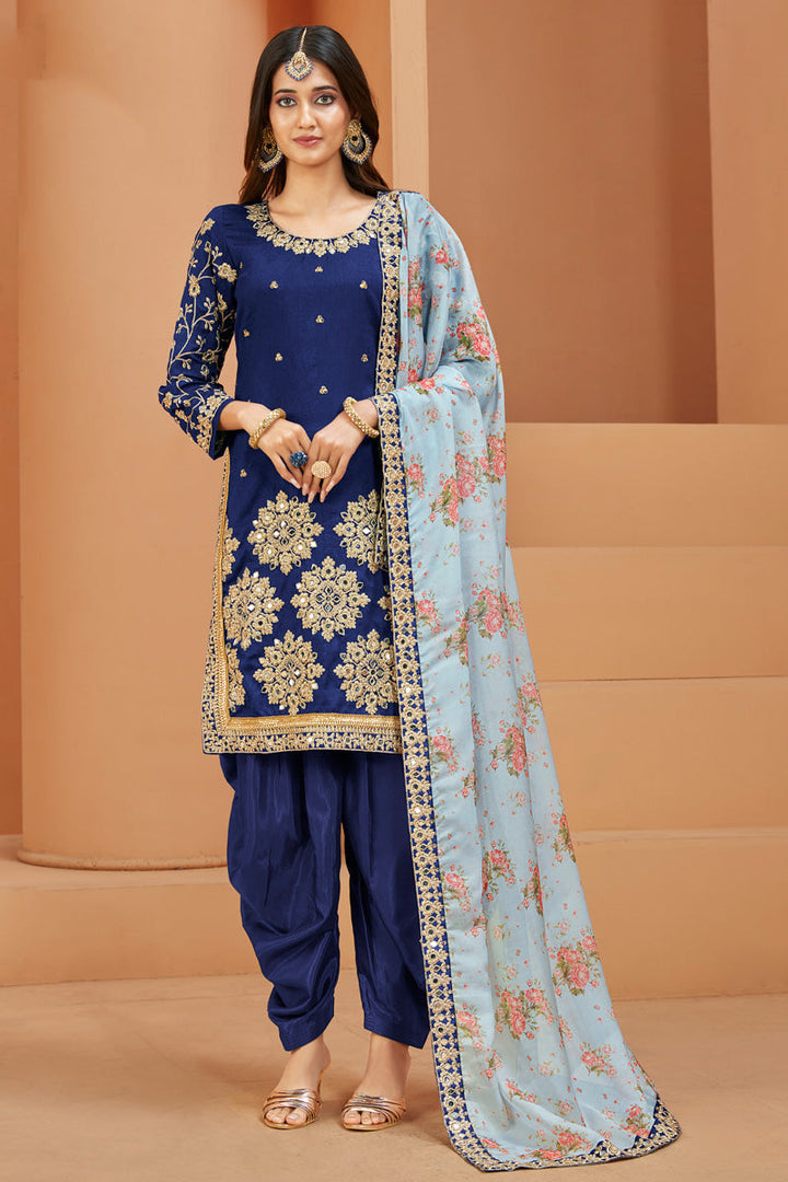 Blue Art Silk Embroidered Mirror Work Patiala Suit Function Wear