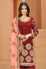 Load image into Gallery viewer, Maroon Art Silk Embroidered Mirror Work Patiala Suit Function Wear
