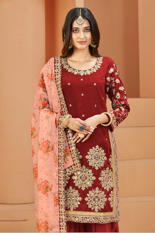 Maroon Art Silk Embroidered Mirror Work Patiala Suit Function Wear