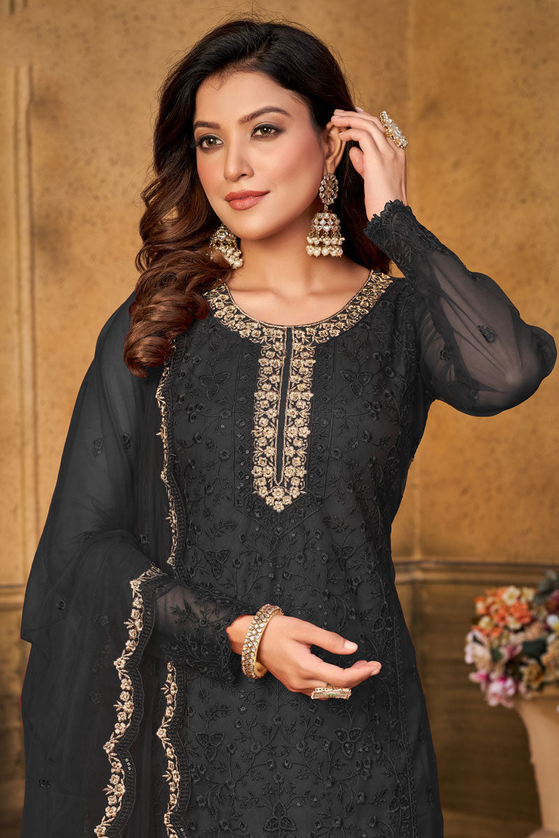 Festive Wear Net Fabric Salwar Suit In Black Color