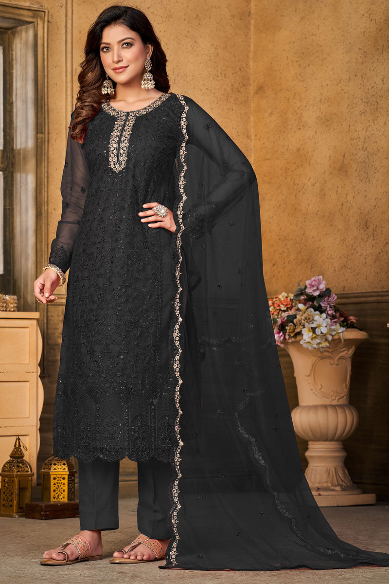 Festive Wear Net Fabric Salwar Suit In Black Color