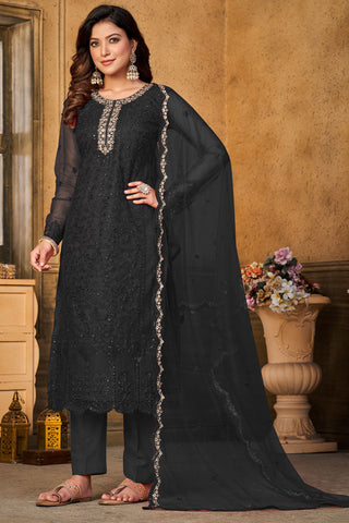 Festive Wear Net Fabric Salwar Suit In Black Color