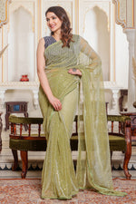Load image into Gallery viewer, Net Fabric Function Wear Brilliant Saree In Green Color
