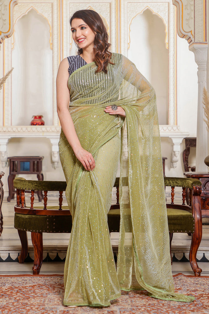 Net Fabric Function Wear Brilliant Saree In Green Color