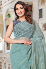 Load image into Gallery viewer, Net Fabric Cyan Color Function Wear Soothing Saree
