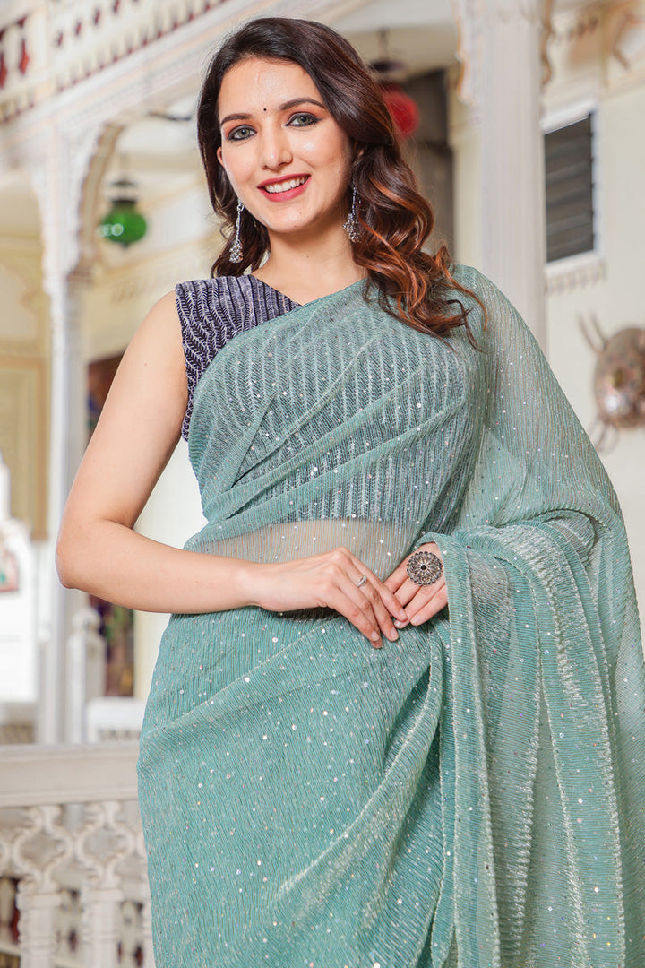 Net Fabric Cyan Color Function Wear Soothing Saree
