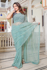 Load image into Gallery viewer, Net Fabric Cyan Color Function Wear Soothing Saree
