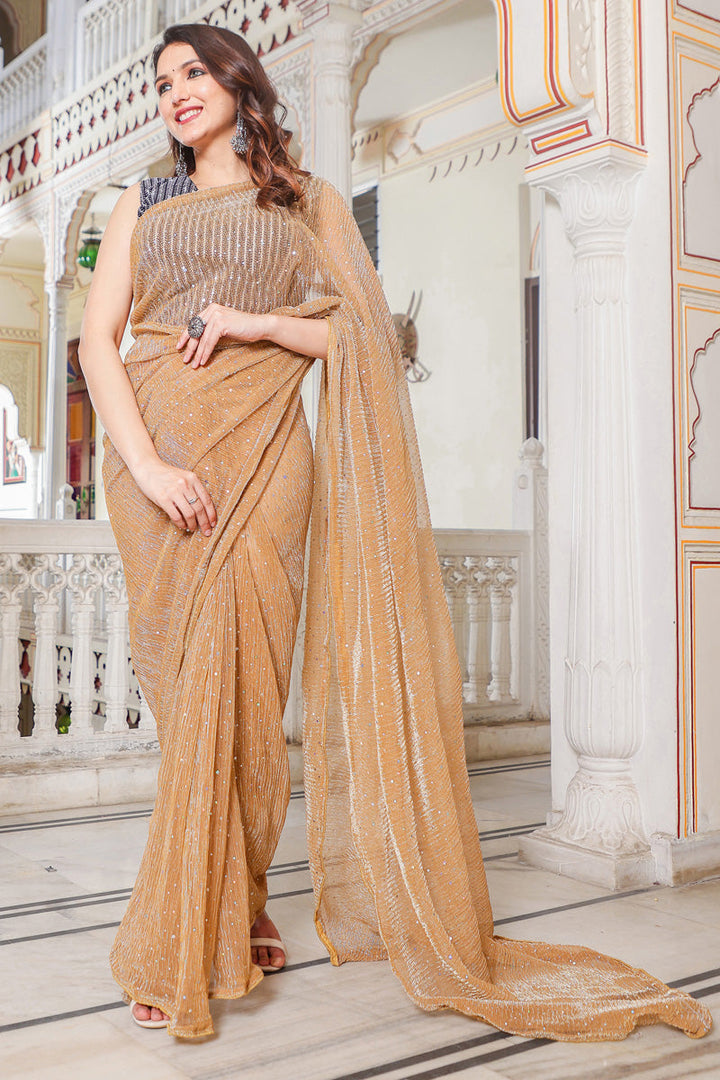 Peach Color Net Fabric Function Wear Appealing Saree