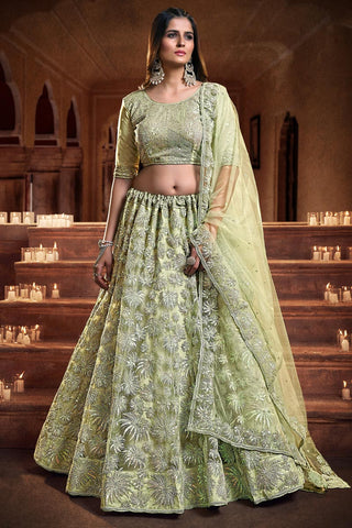 Enriching Sea Green Color Georgette And Net Fabric Sequins Work Reception Wear Lehenga Choli