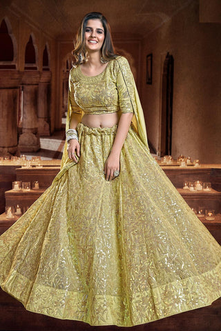 Splendiferous Yellow Georgette And Net Sequins Work Sangeet Wear Lehenga Choli