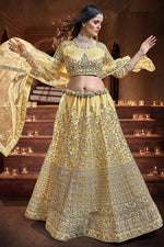 Load image into Gallery viewer, Georgette And Net Fabric Yellow Color Majestic Sequins Work Wedding Wear Lehenga Choli
