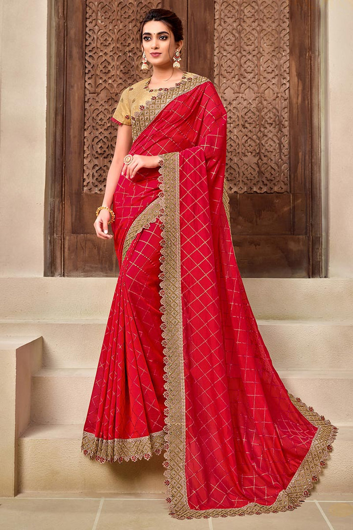 Georgette Silk Fabric Red Color Stylish Wedding Wear Saree